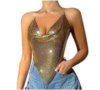 Womens Sequins Vest Tops Metal Chain Sexy Tube Tops Open Back Sparkly Glitter Tank Vests Sparkling Bandeau Shirt Ladies Sleeveless V Neck Camisole Top Y2K Dance Prom Club Party Top