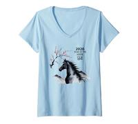 Womens Serene Stallion Sakura Blossoms 2026 Chinese Lunar New Year V-Neck T-Shirt