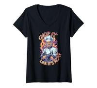 Womens Serious Chef Cartoon Cooking Master with Flames V-Neck T-Shirt