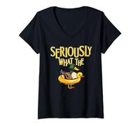 Womens Seriously What The Duck Funny Rubber Duck Pun Adult Humor V-Neck T-Shirt