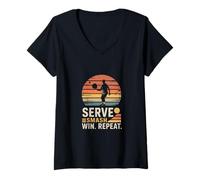 Womens Serve Smash Win Repeat Pickleball V-Neck T-Shirt