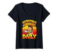 Women's Serving Attitude Daily Funny Lunch Lady Cafeteria V-Neck T-Shirt