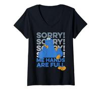 Women's Sesame Street Cookie Monster Hands Full Hungry Pose Classic V-Neck T-Shirt