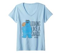 Women's Sesame Street Cookie Monster Snack Glasses V-Neck T-Shirt