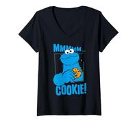 Womens Sesame Street Cookie Monster Yummy Cookies Happy Pose Retro V-Neck T-Shirt