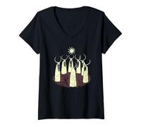 Womens Seven Horned Ritual Figures Woodcut Style Dark Fantasy V-Neck T-Shirt