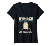 Women's Sewing Room Magic Messes Seamstress Crafter Stitching V-Neck T-Shirt