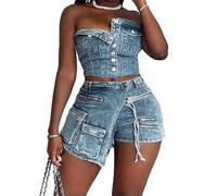 Women's Sexy 2 Piece Denim Short Set, Sexy Tube Top and High Waisted Cargo Jean Shorts Party Clubwear,Blue,M