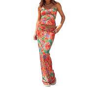 Women's Sexy 2 Piece Outfits Skirt Sets Y2K Maxi Skirt Co Ord Sets Bodycon Mini Short Skirt Summer Party Club Going Out Outfits (F-Orange Green, S)