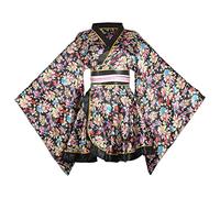 Women's Sexy Adult Short Kimono Costume Japanese Geisha Yukata Prints Gown Fancy Dress with Belt (16# Black, One Size)