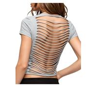 Women's Sexy Backless Ripped Distressed Crop Top Short Sleeve Slim Tee (Gray, M)