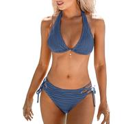 Women's Sexy Bikini Sets Two Piece Triangle Swimsuit Plunging Neck Halter Cheeky Ribbed Bottom Low Rise Strappy Side Tie(Medium) Blue