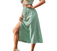 Women's Sexy Boho Floral Midi Skirts Mid Waist Side Slit Skirts Split Thigh High Waist Swing Casual A-line Skirts Y2K Streetwear (Green, L)