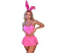 Women's Sexy Bunny Cosplay Shiny Rave Outfits Metallic Wet Look PU Leather Lingerie Sets 4Pcs Chain Bra Top G-String Mini Skirt Ear Headband Outfits Bunny Costume for Halloween Party Festival Clubwear