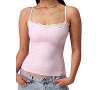 Women's Sexy Camisole Tops Square Neck Sleeveless Lace Trim Cami Tank Tops Spaghetti Strap Slim Fit Basic Cami Tops (A-Pink, L)