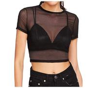 Women's Sexy Crop Top, Fishnet Top-Tee Shirt Bodycon Round Neck Solid Colours Transparent Tunic Cheap Slim Fit Chic Blouses Plus Size Summer Casual Tight Shirt
