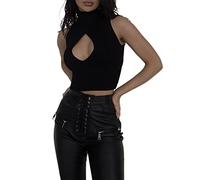 Women's Sexy Cutout Turtleneck Vest Y2k Summer Sleeveless Mock Neck Knit Tank Tops Knitting Slim Fit Rib Top Streetwear (Black, L)