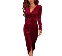 Womens Sexy Deep V-Neck Party Cocktail Midi Dress Velvet Sequin Long Sleeve Wrap Slit Bodycon Dress (UK, Numeric, 12, Regular, Regular, Wine red)
