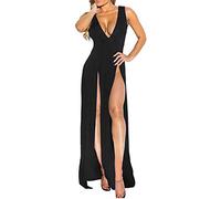Womens Sexy Dress Bandage Side Split V Neck Sleeveless Bodycon Clubwear Maxi Vest Dress, Black, L