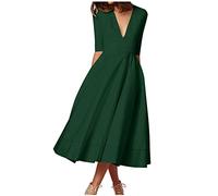 Womens Sexy Dresses Elegant 3/4 Sleeves Dresses Slimming Fit Deep V-Neck Wedding Guests Dresses Solid Mid-Calf Dresses A-Line Swing Dresses Evening Formal Dresses with Pokects