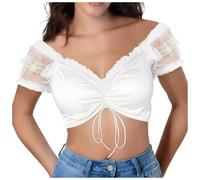 Womens Sexy Elegant Beer Blouse Womens Off Shoulder Mesh Ruffle Drawstring Crop Blouse Black V Neck Adjustable Tie Short Lace Sleeve Blouses Oktoberfest Dirndl Layering Women Cropped Top