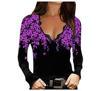 Women's Sexy Elegant Top Shirt V-Neck Lace Floral Printed T-Shirt Blouse Long Sleeve Plain Pullover Fashion Top Blouse Women's Top Elegant, purple, S