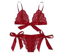 Women's Sexy Floral Lace Scalloped Trim Bra and Self Tie Panty Mesh Lingerie Set Sexy Underwear Set Valentines Day Gifts for Her Red