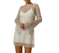 Womens Sexy Glitter 2 Piece Dress Sets Long Sleeve Mesh Sheer Sequin Coverups and V Neck Mini Cami Dress for Party (White, M)