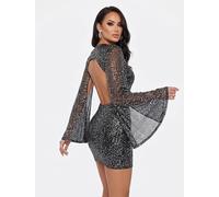 Women's Sexy Glitter Mini Dress Mock Neck Cloak Sleeve Cocktail Shimmering Elegant Dresses Wedding Guest Party Evening