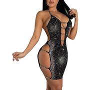 Women's Sexy Halter Backless See Through Sequins Club Bodycon Mini Dress Sleeveless Cocktail Dresses for Women UK Glitter Cover Up Side Slit Mini Dress Plain Sequin Spaghetti Strap Dress