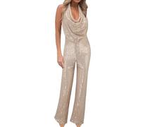 Womens Sexy Halter Sparkly Jumpsuits Clubwear Sleeveless Deep V Neck Elegant Sequins Bodycon Wide Leg Pants Rompers Small Gold