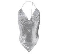 Women's Sexy Halter Top Sparkling Sequin Backless Nightclub Vest Deep V Club Top for Disco Party Ladies Silver