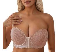Women's Sexy lace Flower and lace Edge Design Bra, Strapless Front Buckle Plus Size Exquisite Women's Underwear (A1-Beige, 100C)