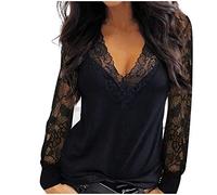 Womens Sexy Lace Long Sleeve Blouse Low Cut V Neck Shirts Fashion Solid Spring Date Nights Party Tunic Tops Black