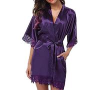 Women's Sexy Lace Plus Size Robe Sleepwear Satin Floral Lace Trim Cami Robe Kimono Lingerie Sexy Silk Robes (Purple,L)