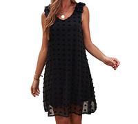 Womens Sexy Lace V Neck Summer Mini Dress Ruffle Swiss Dot Chiffon Flowy Dresses Casual Jacquard Pom Pom Babydoll Dress, Black, Large