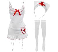 Women's Sexy Lingerie Cosplay Nurse Costume Naughty Strappy Outfits Fancy Dress Uniform Roleplay Exotic Bodysuit Set with Headpiece & Stockings Adult Babydoll Sleepwear Minidress for Party One Size