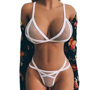 Women's Sexy Lingerie Set 2 Pieces Sheer Mesh Underwear Set UK, See Through Teddy Babydoll Nightwear Wireless Bra and Panty Set Naughty Adjustable Lingerie, Bikini Briefs Sleepwear White
