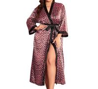 Women's Sexy Long Dressing Gown Leopard with Feathers Tulle Kimono Robe Large Sizes Lingerie Sleepwear Women Chubby Babydoll Negligee Nightrobe Belt, O Rosa, 3XL