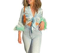 Women's Sexy Long Sleeve Tie Up Crop Top Feather Trim Deep V Neck Basic Tight Shirt Faux Fur Blouse (z9, S)