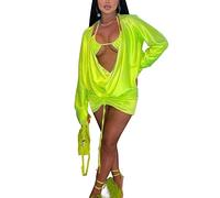 Women's Sexy Long Sleeve Two 2 Pieces Outfits Sheer Mesh Mini Dress Skirt Set Top V Neck Backless Ruched Bodycon Cover Up, B-neon Green-satin, S