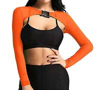 Womens Sexy Mesh Fishnet Crop Top Long Sleeve Open Front Shrug Rave Tops Shirts BlousesCover Ups with Buckle (A-Orange, L)