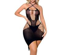 Women's Sexy Mesh Lingerie Mini Dress Badydoll Fishnet Lingerie Tights Chemise Nightwear Bodysuit for Romantic Date Hollow Out Halter Neck Dress UK