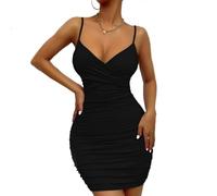 Womens Sexy Mini Dress Bodycon Ruched Tank Dress Sexy Spaghetti Strap Short Mini Dress Basic V Neck Bodycon Party Club Slim Fit Tank Dress (UK, Alpha, M, Regular, Regular, Black)