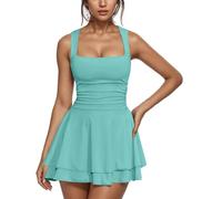 Women's Sexy Mini Dress Square Neck Sleeveless Short Tank Dress Plain High Waist Ruched Bodycon Dresses Slim Fit A Line Swing Party Club Cocktail Dresses Strappy Sundresses Sky Blue