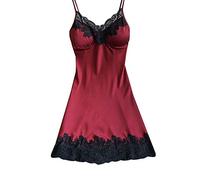 Women's Sexy Nightdress Short Sleeve Satin Lace Trim Chemise with Breathable Quality Lace V-Neck with Spaghetti Straps and Contrasting Lace Appliques, Wine Red, 3XL