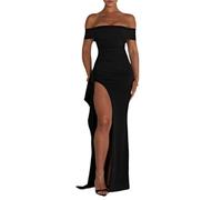 Women's Sexy Off Shoulder Dress High Split Long Formal Party Dresses Mermaid Slim Bodycon Evening Gown (Color : Black, Size : S)