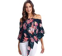 Womens Sexy Off Shoulder Tie Knot Front Blouses Tops 3 4 Flare Sleeve Summer Floral Pinted Shirts Loose T-Shirts (Navy,M)