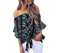 Womens Sexy Off Shoulder Tie Knot Front Blouses Tops 3 4 Flare Sleeve Summer Floral Pinted Shirts Loose T-Shirts (Black,L)