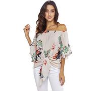 Womens Sexy Off Shoulder Tie Knot Front Blouses Tops 3 4 Flare Sleeve Summer Floral Pinted Shirts Loose T-Shirts (Beige,L)